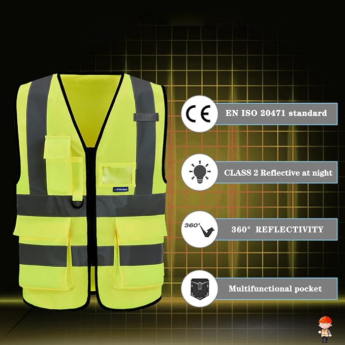 A-SAFETY 7pocket High Visibility Safety Vest Zipper, Construction Vest Reflective Strips ANSI/ISEA Standards for Motorcycle, Running,work, Bicycle Riding Outdoor Activities, Yellow