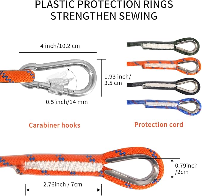 NewDoar Climbing Rope 8(5/16in),10mm (3/8in), High Strength Accessory Cord Rope with 2 Steel Hooks, for Outdoor Rescue Rappelling Rope Down Cliffs ledges Safety Escape Tow Strap Equipment(Orange)