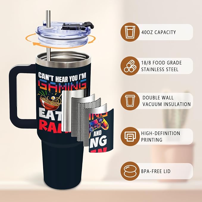 DUUV Gaming Tumbler 40oz, Insulated Gaming Gifts for Gamer | Dark Blue Gamer Tumbler Leakproof, Game Controller Gift for Man Boys, Can’t Hear You I’m Gaming and Eating Ramen, 1 Pack