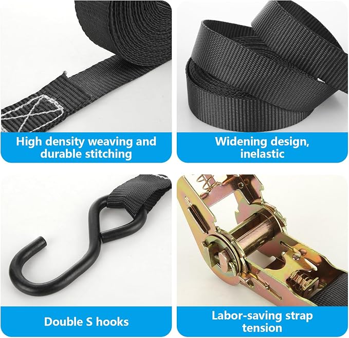 6 Pcs 1 Inch Ratchet Straps Heavy Duty 20ft Tie Down Strap Ratchet with Hooks, 2200 LBS Break Strength, Black Cargo Ratchet Straps for Motorcycle Straps Tie Downs, Appliances, Equipment