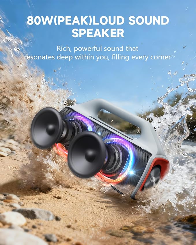 IP67 Waterproof Bluetooth Speaker:80W(Peak) Loud Outdoor Portable Wireless Party Speakers with LED Lights,20H Playtime,Bluetooth 5.3,Deep Bass & TWS for Pool,Beach（White）