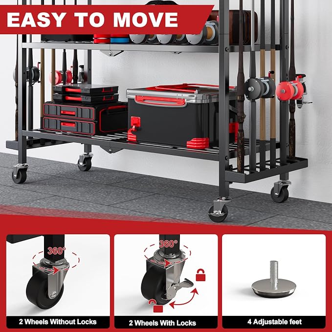 Fishing Rod Holders for Garage, Fishing Rod Stand with Wheels and Pegboard, 3-Tier Pole Storage Rack with 8 Hooks and 12 Rod Slots, Ideal for Tackle, Backpacks, and Gear Red