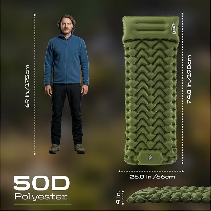 CKG Camping Sleeping Pad with Thermal Barrier, Ultralight Camping Mat 4in Thick with Pillow, Built-in Foot Pump Self Inflating Sleeping Pad for Hiking Tent Road Trip Car Camp Travel Gear, Green