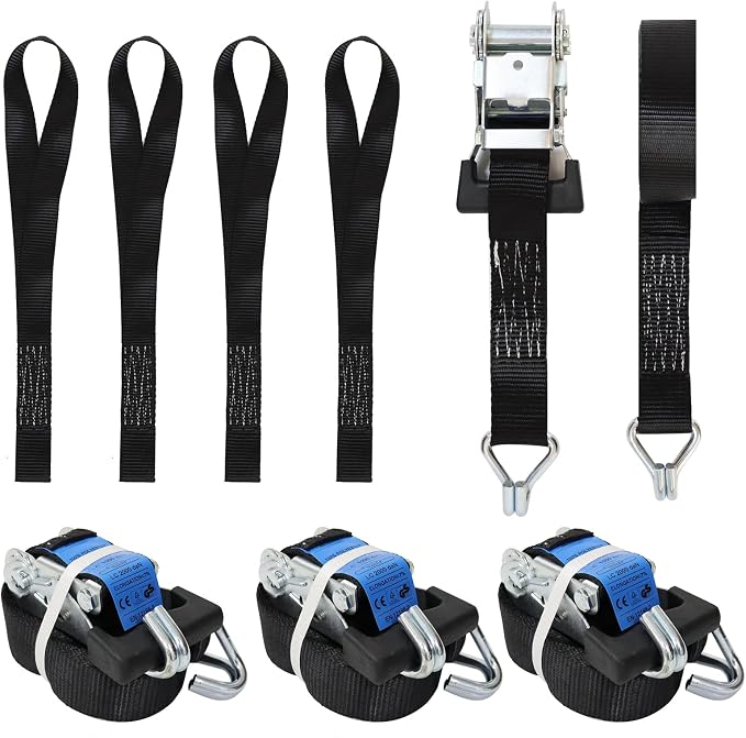 Ratchet Straps Heavy Duty 4Pcs 2.3" x 20ft with 4 Helper Tie Down Ratchet Straps and Storage Bag, Galvanized Zinc Double J Hook for Trailer, Truck, Motorcycle, Cargo Moving - Black