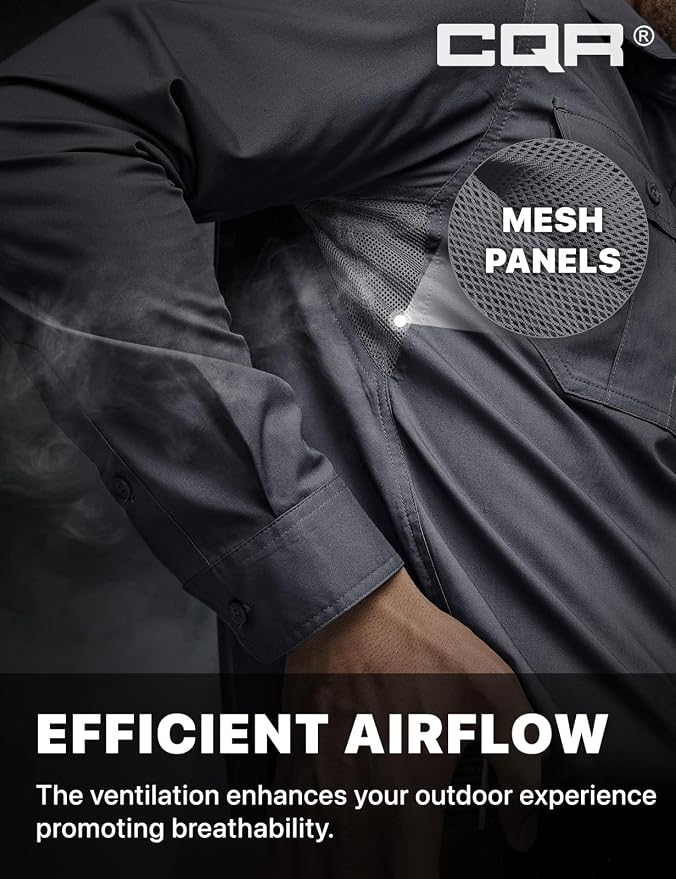 CQR Men's Long Sleeve Tactical Shirts, Ripstop Military Work Shirts, UPF 50+ Breathable Button Down Outdoor Hiking Shirt