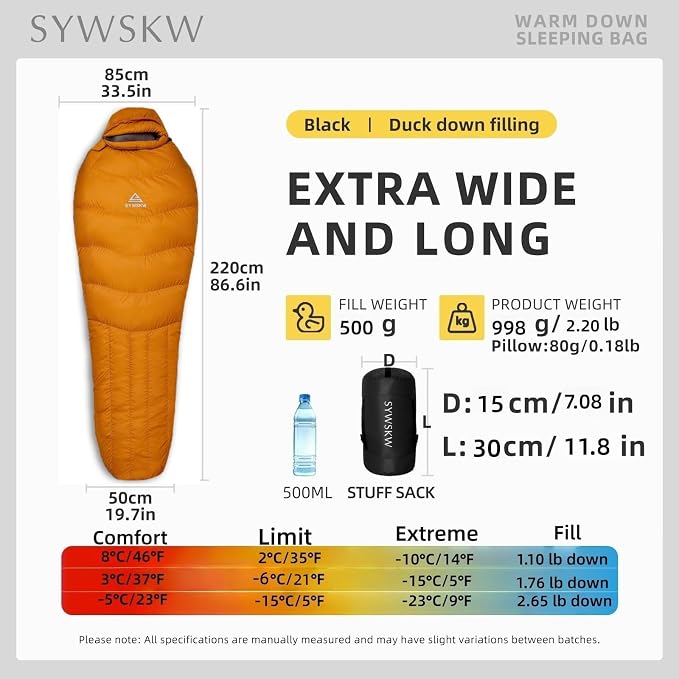 Down Sleeping Bag with Pillow for Backpacking,15℉ 5℉ 0℉ Wide Down Sleeping Bag (86.6 in x 33.5 in) for Adults,Youth Camping and Hiking Outdoor with 680FP Duck Down
