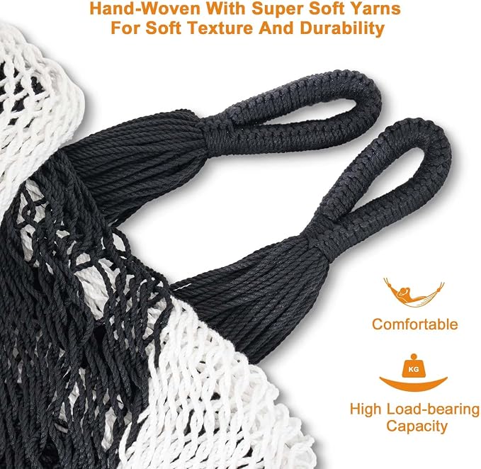 Lazy Daze Hammocks Handwoven XL Mayan Hammock, 10.5 FT Soft Rope Double Hammocks, Portable Outdoor Hammock with Carry Bag, 2 Straps & Carabiners for Patio Outside, 550 lbs Weight Capacity, Black/White