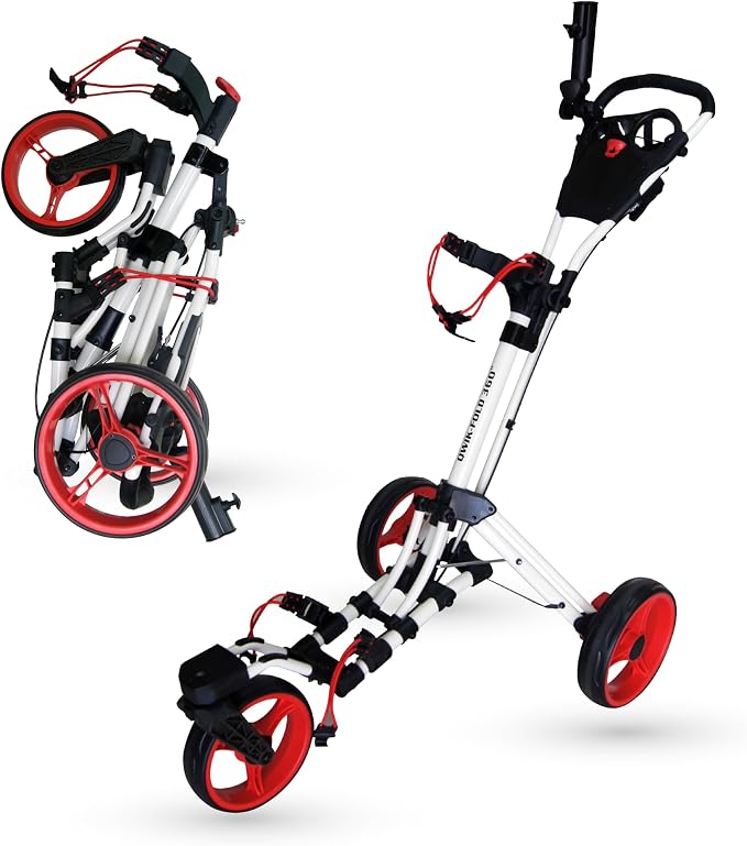 Qwik-Fold 3-Wheel Golf Push Cart with 360° Swivel Front Wheel & Foot Brake – 1-Second Folding Golf Trolley, Lightweight Aluminum Frame, Umbrella Holder, Cup Holder & Storage
