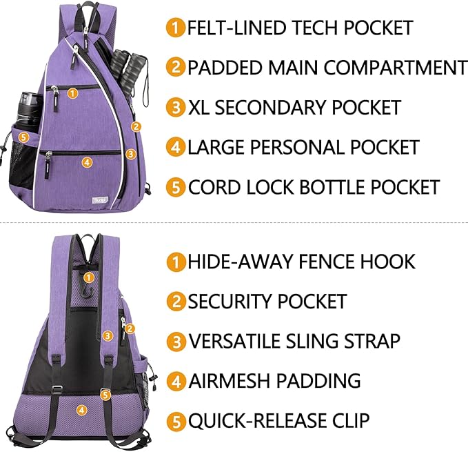 Sucipi Pickleball Bag - Men's & Women's Pickleball Backpack, Adjustable Sling Bag w/Fence Hook/Large Capacity/Safety Pocket