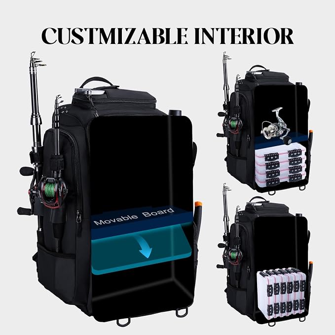 Goture 40L Fishing Tackle Backpack with Cooler Compartment Black, Water-Resistant Fishing Gear Bag & Rain Cover & 3600 Trays