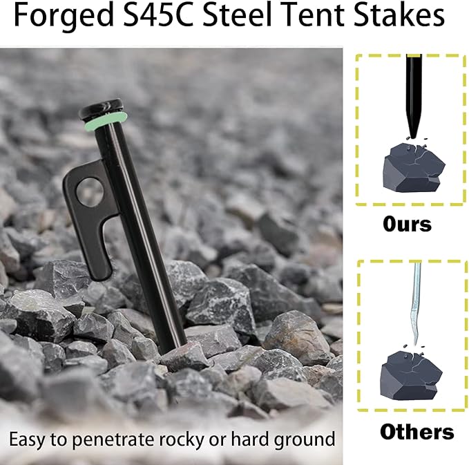 16 Pack Tent Stakes with Hammer,16in Heavy Duty Tent Stakes + 12in Camping Hammer+Storage Pouch, Forged Steel Stakes for Camping Used on Rocks, Grassland(16Pcs 16in Stake+Hammer)