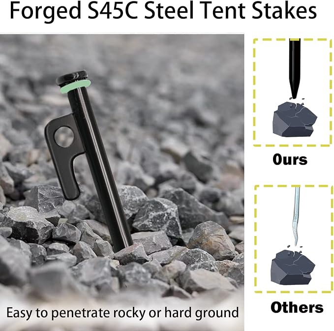 12 Pack Tent Stake with Hammer, 16in Heavy Duty Tent Stakes + 10in Camping Hammer+Storage Pouch, Forged Steel Tent Stakes for Camping Used on Rocks(12 Pack 16in Stakes+Hammer