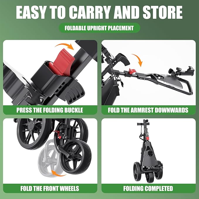 Golf Push Cart - Lightweight Aluminum 3-Wheel Foldable Golf Bag Cart with Large Wheels for All Terrain, Adjustable Handle, Foot Brake, Cooler Bag, Cup/Umbrella Holder