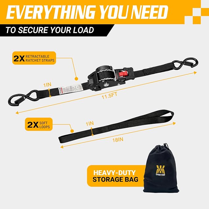 Retractable Ratchet Straps (2-Pack) - 1'' x 11.5' (1,800lb Break Strength) - Heavy Duty Auto Self Retracting Tie Down Straps for Truck, Cargo Trailer, Motorcycle, Rad & More - Black