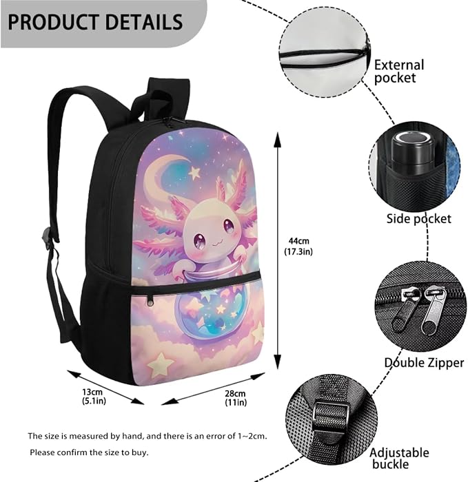 Axolotl Backpack for Girls School Bookbag with Lunch Box Pencil Case Water Bottle Holder 4 PCS Elementary Schoolbag Set Back to School Supplies 17 Inch Rucksack Daypack