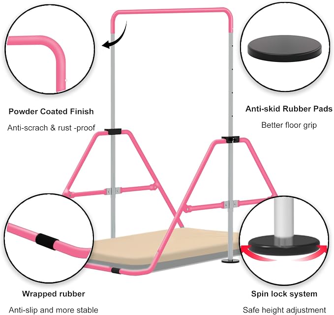 Gymnastics Bar with Self-Inflating Mat for Kids, Adjustable Height Gymnastic Horizontal Bars with Mat, Folding Gymnastic Training Monkey Bars, Junior Expandable Training Kip Bar for Home