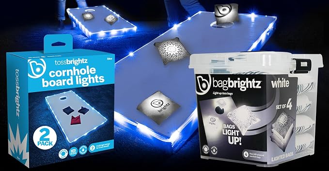 Brightz Cornhole Board Edge Lights with LED Bags - Includes 4-Pack of LED Cornhole Bags + TossBrightz Cornhole Board Edge Lights - The Ultimate Night Time Cornhole Master Set