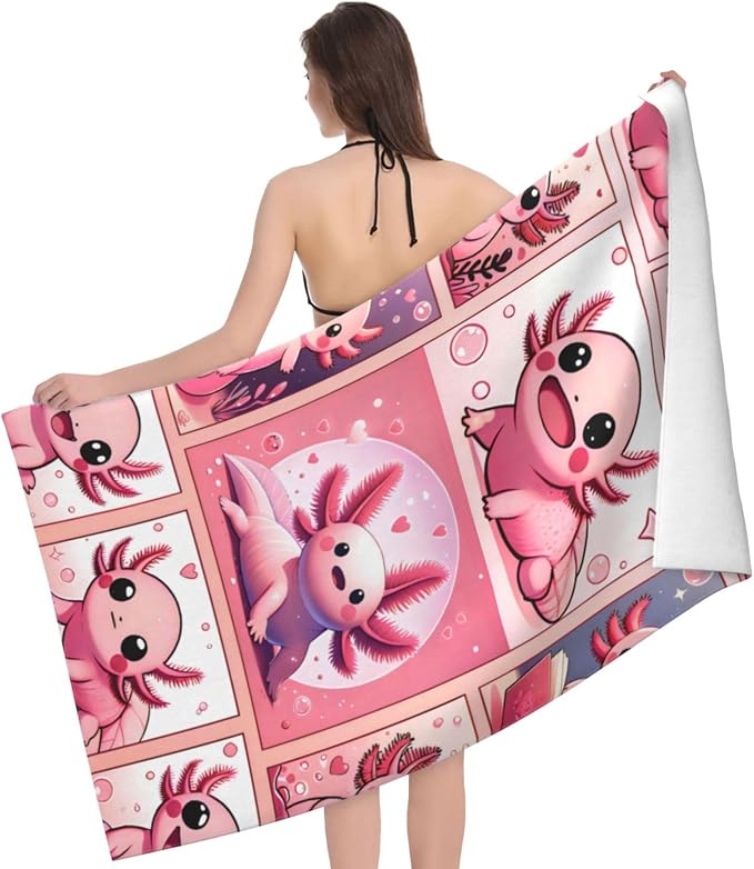 Cute Axolotl Beach Towel, 32x52in Microfiber Quick Dry Gold Cartoon Comic Fish Pink Bath Towels, Soft Lightweight Oversized Sand Free, for Travel Pool Swimming Gym Decor, Gifts