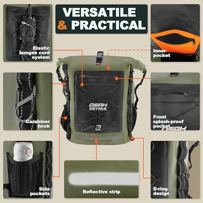 OSAH DRYPAK Waterproof Backpack Dry Bag 25L/35L/55L/85L – Heavy Duty Roll-Top Hiking Backpack Sack Keeps Gear Dry for Travel, Kayaking, Boating, Camping, Rafting and Fishing