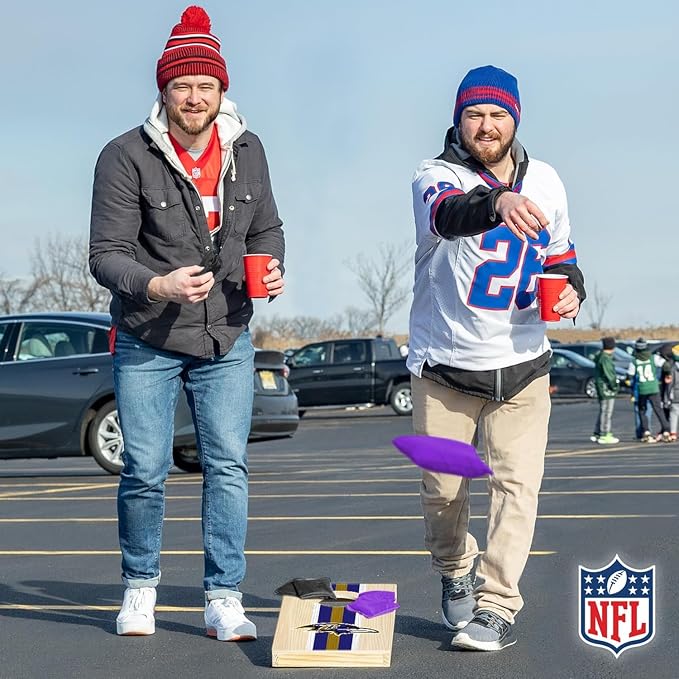 NFL Football Portable Size 1' x 2' Solid Wood Cornhole Set with Direct Print HD Team Graphics – Travel Size