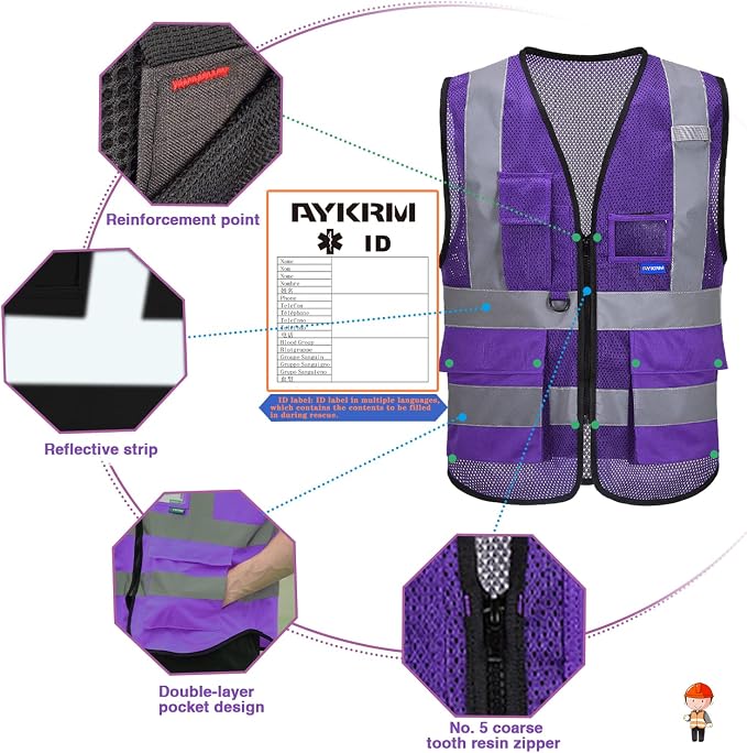 A-SAFETY High Visibility Mesh Safety Reflective Vest with Pockets and Zipper,Hi Viz Work Vest for Men Women (Purple Mesh XXL)