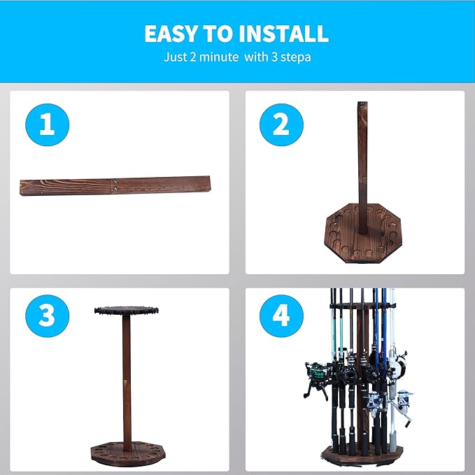 360° Rotating Natural Wood Fishing Rod Holder, Round Floor-Standing Fishing Rack Stores 16 Rods, Fishing Pole Storage Organizer for Garage, Basement, or Shed, Easy to Install