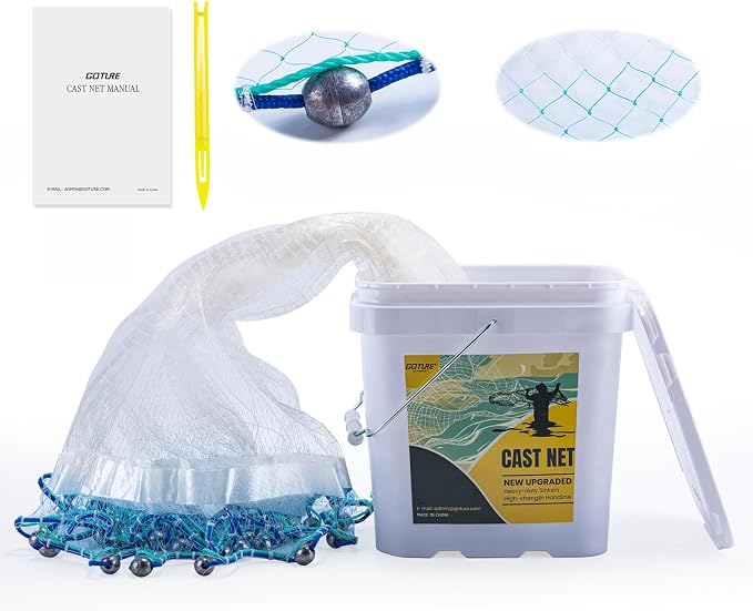 Goture American Fishing Cast Net Saltwater Freshwater, 3/8in Mesh Size Casting Net for Bait Fish Shrimp Trap, Dual Color Double Selvage Add Tape, Throw Cast Nets with Needle