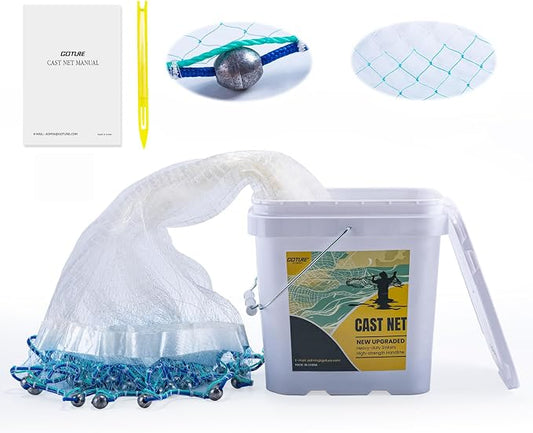 Goture American Fishing Cast Net Saltwater Freshwater, 3/8in Mesh Size Casting Net for Bait Fish Shrimp Trap, Dual Color Double Selvage Add Tape, Throw Cast Nets with Needle