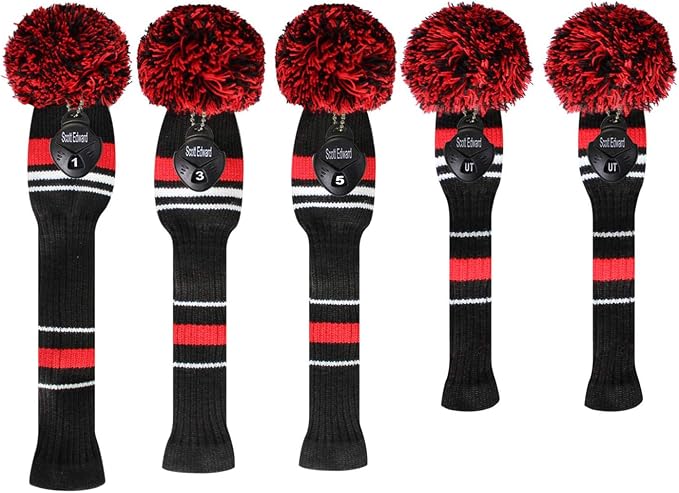 Scott Edward Golf Headcover Set of 5 PCS, Driver Wood Cover *1, Fairway Wood Cover *2, Hybrid Cover * 2, with Rotating Number Tags