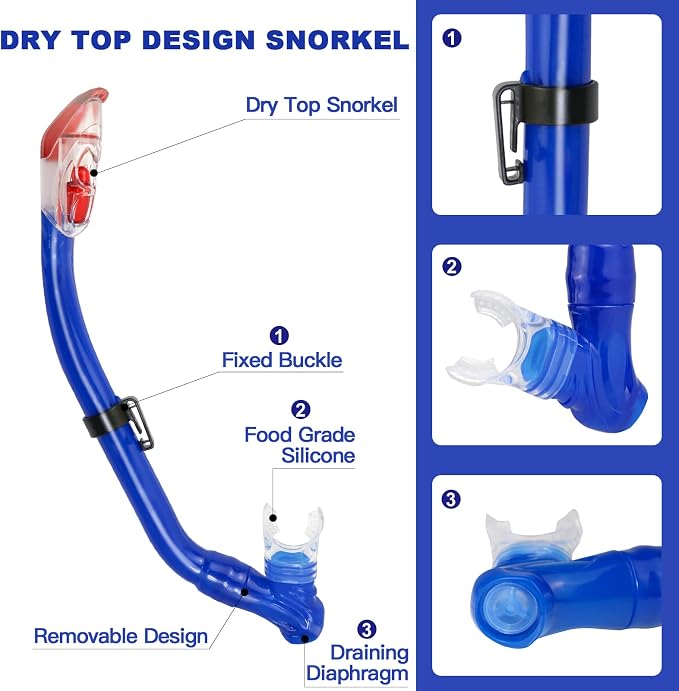 Kids Snorkeling Set - Adjustable Flippers + Panoramic Snorkel Mask + Dry Snorkel Tube + Travel Bags - Suitable for Kids & Juniors, Age 5-14