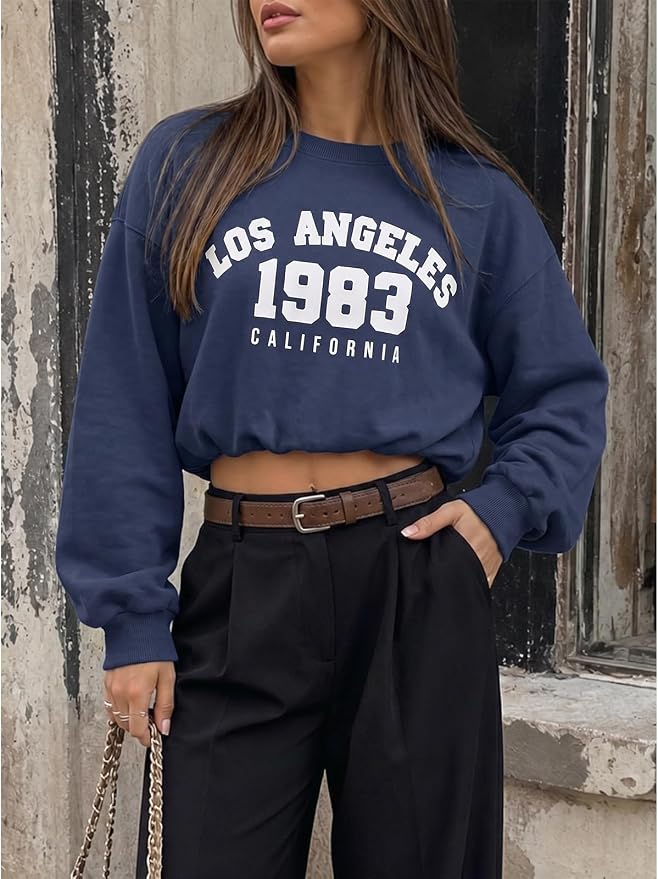 Flowyair Womens Crewneck Sweatshirt Los Angeles Elastic Waist Crop Tops | Long Sleeve, Loose Fit, Fall Spring, Pullover Tops, Round Neck, Elasticated Hem