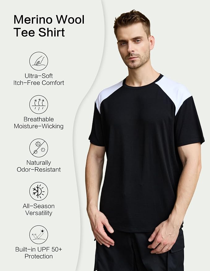 Merino Wool Crewneck T Shirts for Men for Athletic Running Workout, Lightweight Mens Moisture Wicking Shirts