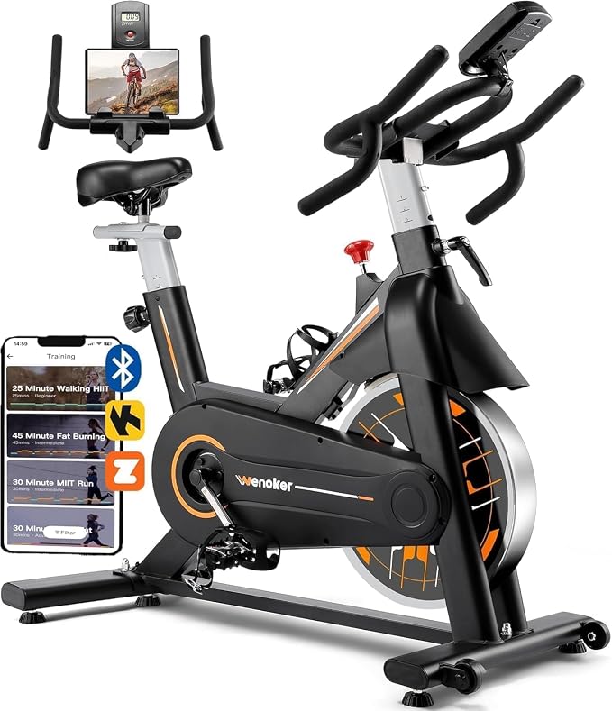 Wenoker Exercise Bike,Indoor Spin Bike with Adjustable Resistance Bluetooth Fitness App, 350 LBS Heavy Duty Frame,Smooth Quiet Belt Drive, Adjustable Handlebars & Seat with Transport Wheels