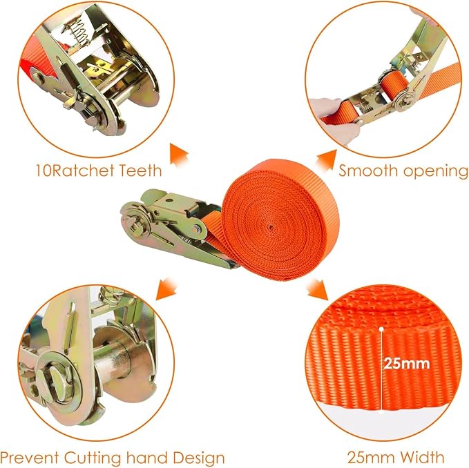 TLGREEN 10 Pcs 1" x 20' Ratchet Staps, Luggage Tie Down Strap, No Hook, Ratchet Strap Heavy Duty,1760 Break Strength Endless Ratchet Straps, Tie-Down Straps for Motorcycles, Trailer, Kayak, Orange
