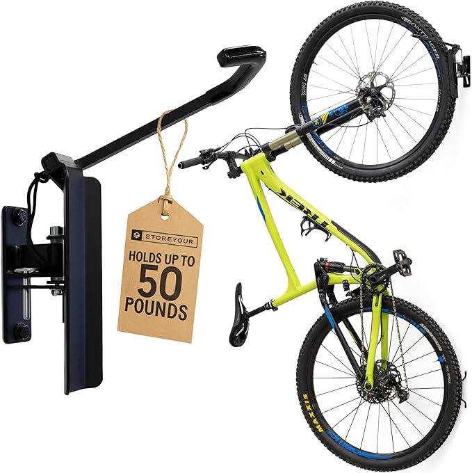 StoreYourBoard Bike Hangers for Garage | Garage Bike Rack Wall Mount, Vertical Bicycle Rack for Garage | 124° Swivel Bike Wall Mount with Stopper, Holds 50lbs, Fits All Wheel Diameters, Max 2.6” Tires