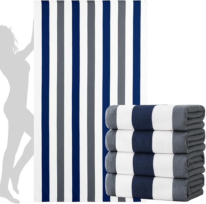 Jessy Home 4 Pack Striped Oversized Beach Towel Set, 40x70 Inch Microfiber Sandproof Quick Dry Super Soft Swim Towels, Absorbent Stylish Pool Towels, Swim Cover Up for Beach Vacation Travel