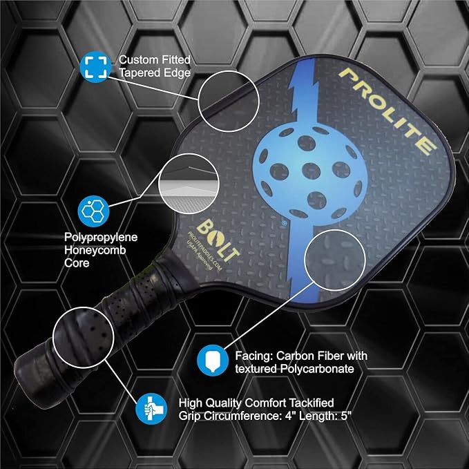PROLITE Bolt Pickleball Paddle - Light Weight - Powerful - Carbon Fiber Facing for Superior Ball Placement - Polypropylene Honeycomb Core - Micro Matte Edge Guard - USAP Approved