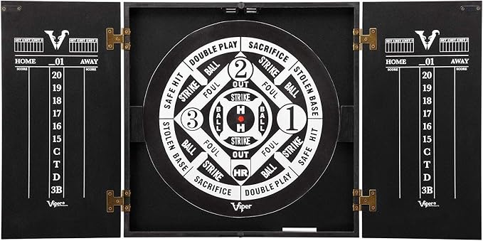 Viper Hideaway Dartboard Cabinet Set with Steel-Tip Dart Board, Reversible Board with Baseball Game Option, Two Sets of Darts, Chalk Scoreboards, and Matte Black Finish