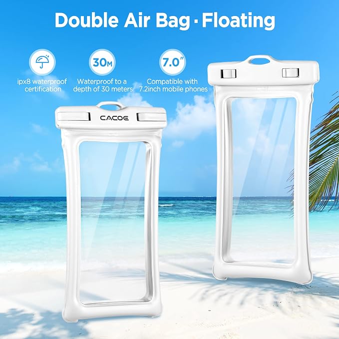 CACOE [Floatable] Floating Universal Waterproof Phone Case 2 Pack-Up to 7.0",Phone Pouch with Adjustable Neck Lanyard,IPX8 Cellphone Dry Bags for Vacation Water Activities（Black+White）