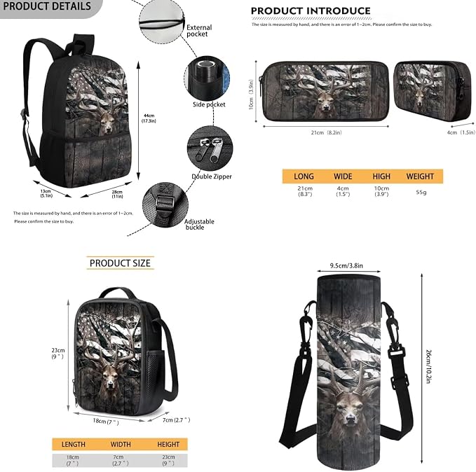 Camo Deer Hunting Kids Bookbag School Backpack with Lunch Box for Girls,American Flag Deer Childrens Backpack for Boys School Bags with Pencil Case and Bottle Holder Set of 4