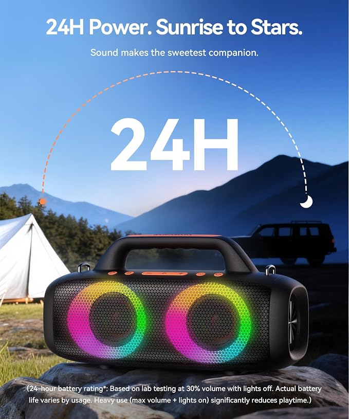 BassBloom Roar 1 Portable Bluetooth Speaker, 60W Powerful Sound with JIKE Bass, IPX6 Waterproof, 24H Playtime, Bluetooth 5.4, TWS Pairing, RGB Party Lights, for Travel Outdoor Camping and Beach