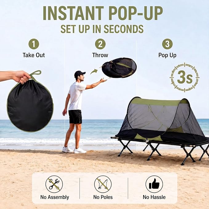 2 Pack Pop up Mosquito Tent for Camping 1 Person Instant Setup Foldable Bug Net Cot Tent with Ground Pin Portable Waterproof Screen Net for Cot Bed Hiking Summer Beach Outdoor