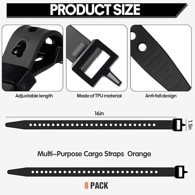 Blulu 8 Pack Reusable Industrial Straps 16" Length Reliable Tension Straps for Securing Bike Motor Gear -60 Lb. Working Load, Elastic Cable Ties for Welders Skis, Garden Hoses (Black)