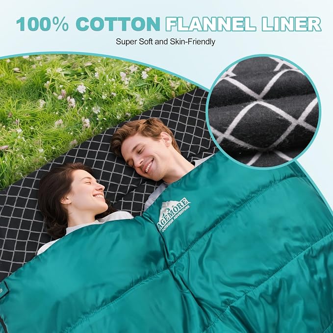 Cotton Flannel Double Sleeping Bag for Camping, Backpacking Or Hiking. Queen Size 2 Person Waterproof Sleeping Bag for Adults Or Teens. Lightweight with Compression Sack