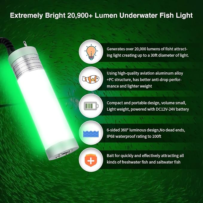 150W 20900lm Underwater Fishing Light, IP68 Waterproof Aluminum Super Bright Night Fish Attracting Submersible LED Lamp Lure Bait Finder for Freshwater Saltwater Sea Kayak Ice Dock (Green)