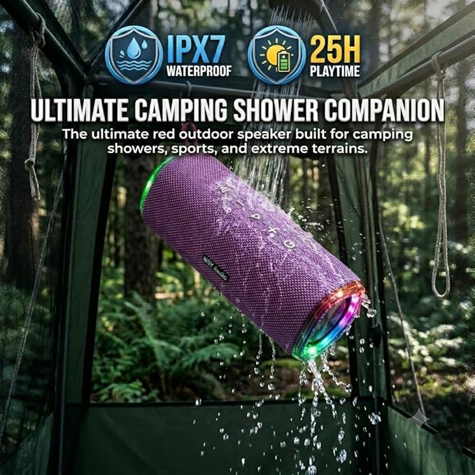 40W Bluetooth Shower Speaker, IPX7 Waterproof Floating Pool Speaker with Interactive Tap-to-Play Drum Beats, 25H Playtime, LED Lights, Built-in Mic for Hands-Free Calls in Bathroom, Purple