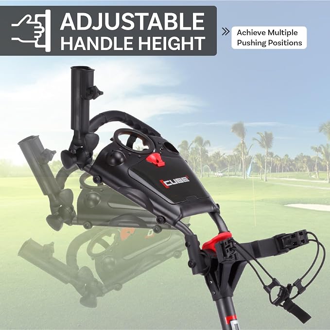 CUBE CART 3-Wheel Golf Push Cart – Ultra-Compact 14.5 lb Folding Golf Trolley, Two-Step Fold, Adjustable Handle, Foot Brake, Umbrella Holder & Built-in Storage