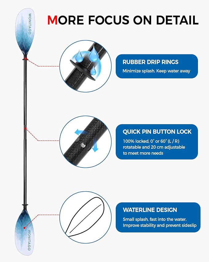 Kayak Paddle Carbon Fiber Shaft and Reinforced Nylon Blade, Adjustable Kayaking Oars, 3 Piece, 230-250 cm/90-98 Inches,210-230 cm/82-90 inches