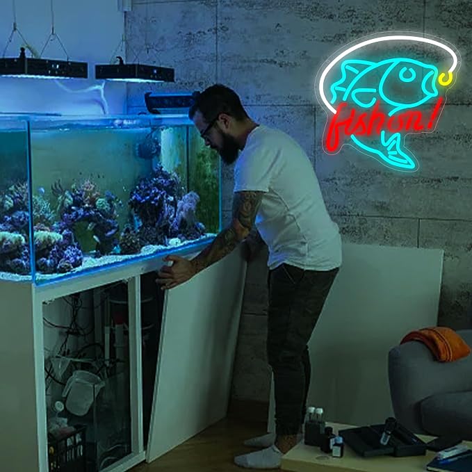 Fishing Neon Sign for Wall Decor Fishing Led Neon Light for Man Cave | Dimmable Neon,Fisherman Birthday Fishing Gifts,Led 5V USB Powered,Fishbowl,Fish Room Decor,Business Shop Wall Art,12.9*12.9in
