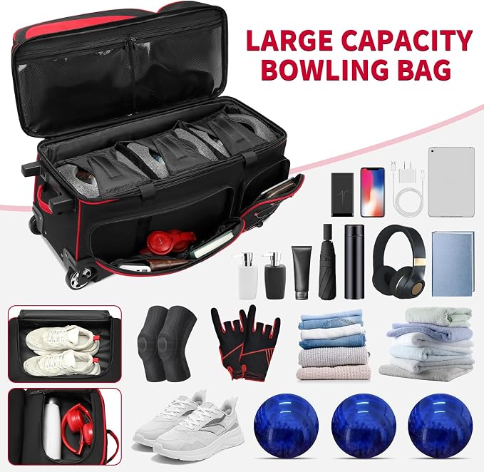 BOSSTIN 3 Ball Bowling Bags with Wheels, Secure Adhesive Fixed Ball Cup & Shoe Compartment, Bowling Ball Bag 3 Ball Roller with Multi-Pockets